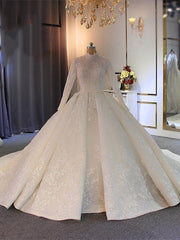 Wedding Dresses On Sale, Long Ball Gown High Neck Tulle Lace Wedding Dresses with Sleeves