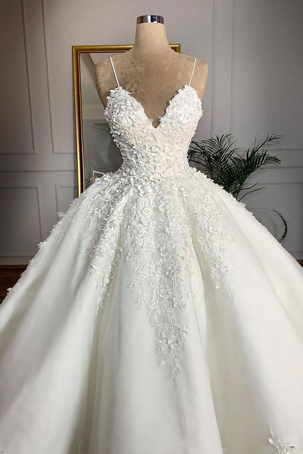 Wedding Dress Custom, Long Ball Gown Spaghetti Strap Appliques Lace Satin Wedding Dress