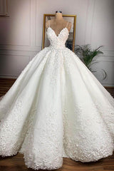 Wedding Dress Customizations, Long Ball Gown Spaghetti Strap Appliques Lace Satin Wedding Dress