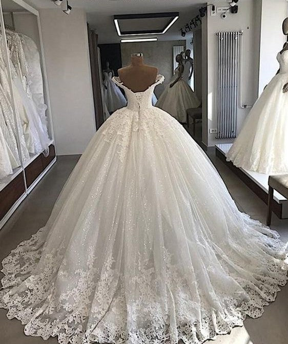 Wedding Dresses Custom, Long Ball Gowns Off-the-shoulder Lace Tulle Wedding Dresses