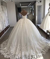 Wedding Dresses Custom, Long Ball Gowns Off-the-shoulder Lace Tulle Wedding Dresses