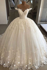 Wedding Dress Under 102, Long Ball Gowns Off-the-shoulder Lace Tulle Wedding Dresses