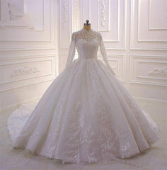 Wedding Dresses Websites, Long High neck Appliques Lace Ball Gown Wedding Dress with Sleeves