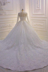 Wedding Dress Website, Long High neck Appliques Lace Ball Gown Wedding Dress with Sleeves