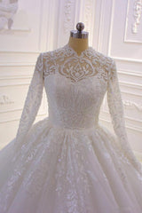 Wedding Dress With Sleeve, Long High neck Appliques Lace Ball Gown Wedding Dress with Sleeves