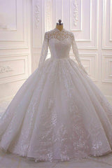 Wedding Dresses Website, Long High neck Appliques Lace Ball Gown Wedding Dress with Sleeves