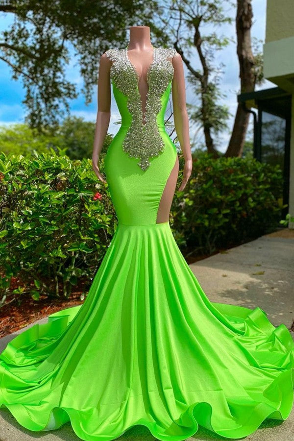 Pretty Dress, Long Mermaid Deep Sequined V-neck Stretch Satin Backless Prom Dress with Appliques