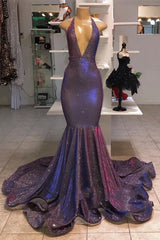 Short Dress, Long Mermaid Halter Sequins Formal Prom Dresses