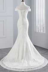 Wedding Dress For Short Brides, Long Mermaid Lace Off Shoulder Lace-up Wedding Dress