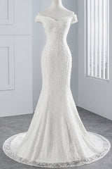 Wedding Dresses For Shorter Brides, Long Mermaid Lace Off Shoulder Lace-up Wedding Dress