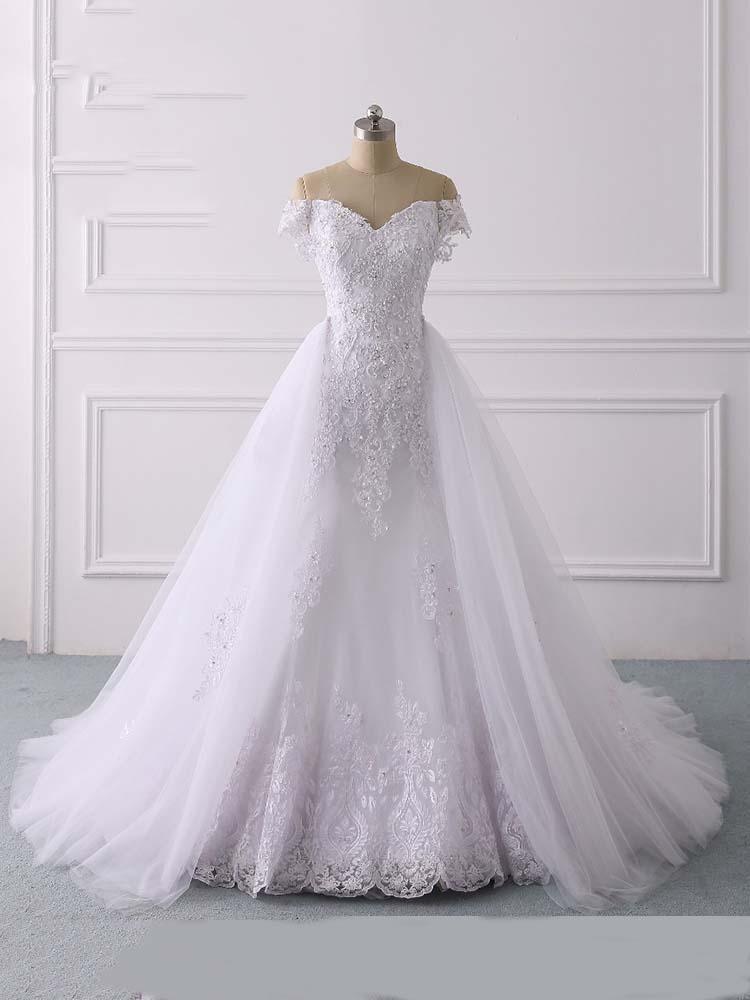 Wedding Dress Cheaper, Long Mermaid Off-the-Shoulder Lace Tulle White Wedding Dresses