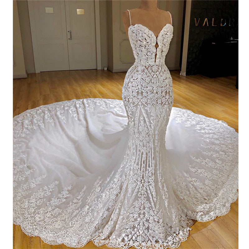 Wedding Dresses Cheaper, Long Mermaid Spaghetti Straps Appliques Lace Wedding Dress With Cathedral Train