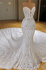 Wedding Dress 2026, Long Mermaid Spaghetti Straps Appliques Lace Wedding Dress With Cathedral Train