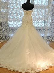 Wedding Dress Gown, Long Mermaid Strapless Court Train Lace Organza Wedding Dresses