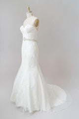 Weddings Dress Online, Long Mermaid Strapless Tulle Lace Wedding Dress