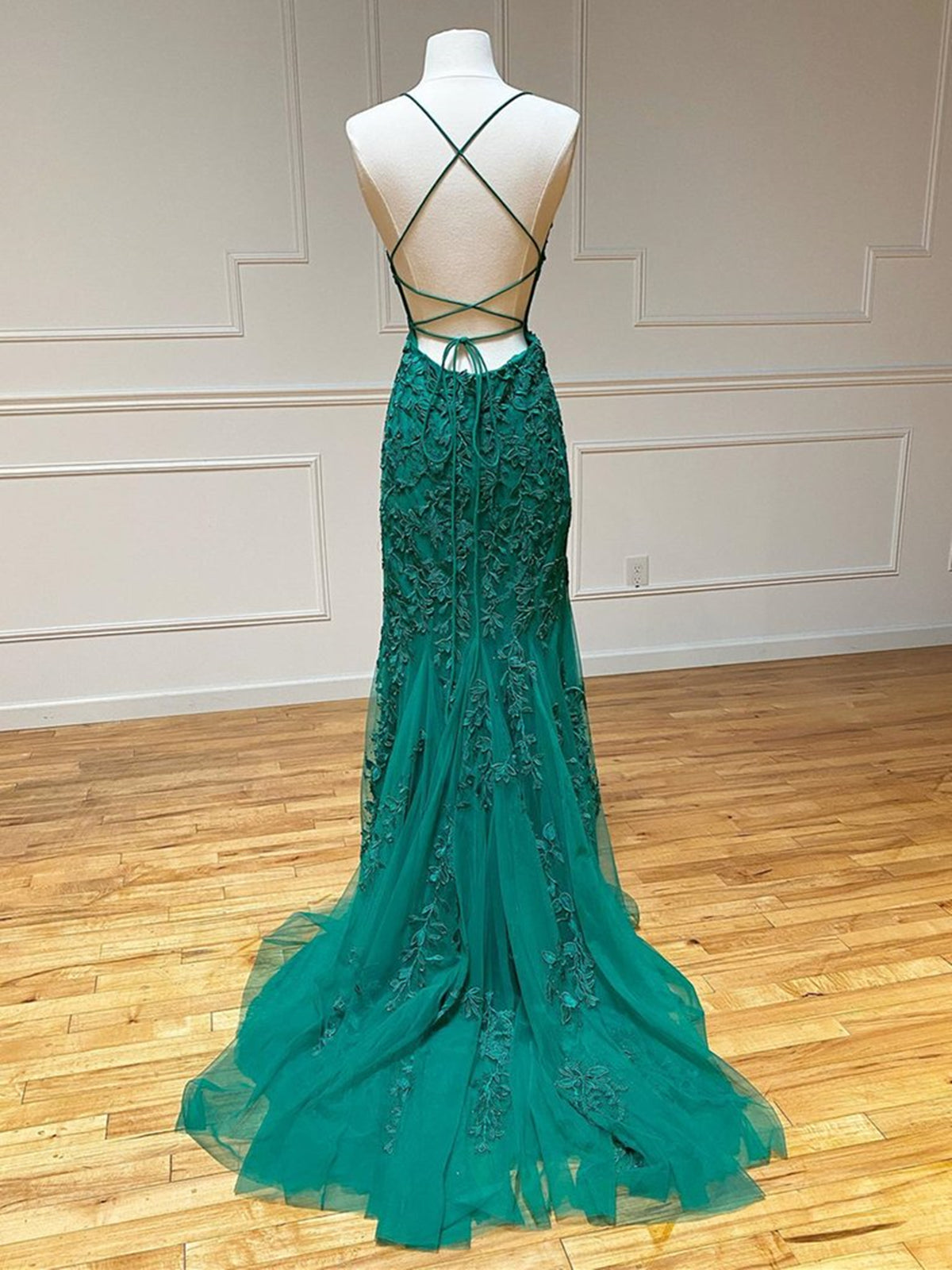 Homecoming Dress, Long Mermaid Strapless Tulle Open Back Lace Formal Prom Dresses