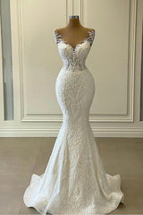 Wedding Dress , Long Mermaid Sweetheart Appliques Lace Wedding Dress With Detachable Train