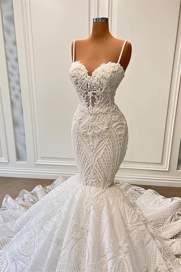 Wedsing Dress Shopping, Long Mermaid Sweetheart Spaghetti Straps Tulle Beading Wedding Dress with Ruffles