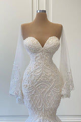 Wedding Dress Accessories, Long Mermaid Sweetheart Strapless Pearls Beadings Lace Wedding Dress with Sleeves