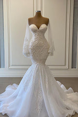 Wedding Dress A Line, Long Mermaid Sweetheart Strapless Pearls Beadings Lace Wedding Dress with Sleeves