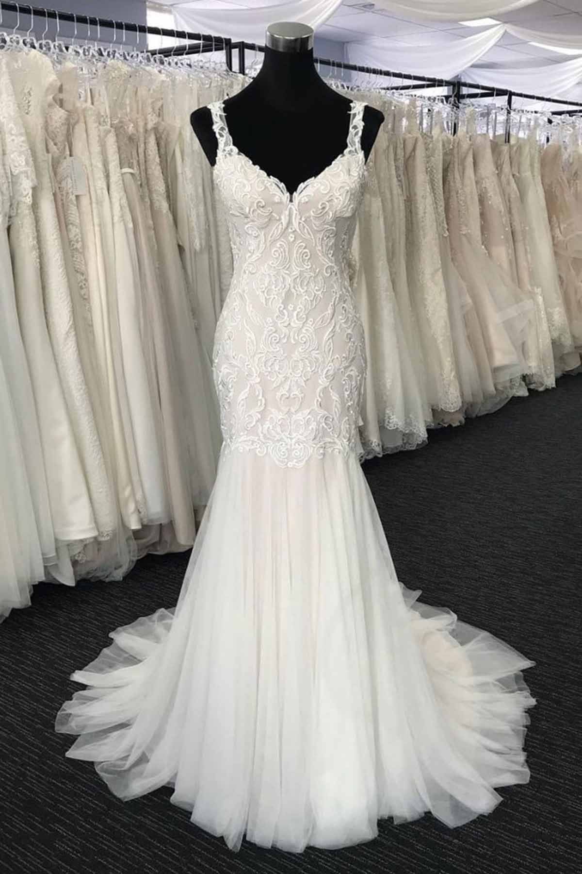 Wedding Dress With Corset, Long Mermaid Tulle V Neck Lace Wedding Dress