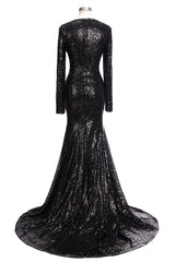 Graduation Outfit Ideas, Long Mermaid V-Neck Black Sequins Prom Dresses with Sleeves
