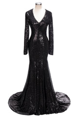 Green Prom Dress, Long Mermaid V-Neck Black Sequins Prom Dresses with Sleeves