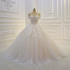 Wedding Dress For Short Brides, Long Off the Shoulder Sweetheart Ball Gown Sequin Appliques Lace Wedding Dress