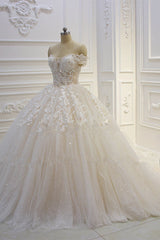Wedding Dresses For Short Brides, Long Off the Shoulder Sweetheart Ball Gown Sequin Appliques Lace Wedding Dress