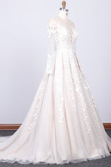 Wedding Dresses Colors, Long Sleeve Appliques Lace Tulle A-line Wedding Dress