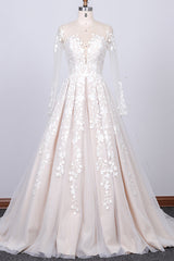 Wedding Dress Colored, Long Sleeve Appliques Lace Tulle A-line Wedding Dress