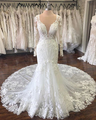 Wedding Dress Vintage Lace, Long Sleevess V neck Mermaid White Long Train Wedding Dress