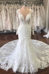 Wedding Dresses Vintage Lace, Long Sleevess V neck Mermaid White Long Train Wedding Dress