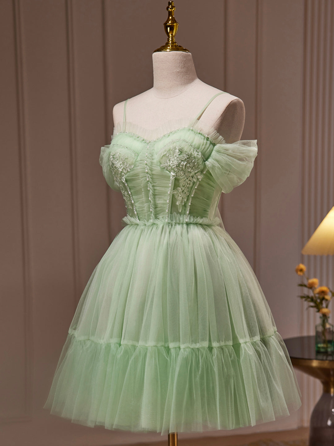 Party Dress For Girl, Green Tulle Lace Short Prom Dress, Cute Homecoming Dress, Green Party Dress