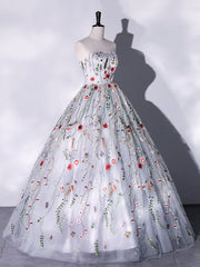 Party Dress Style, Lovely Strapless Floral Tulle Long Prom Dress, Gray  A-Line Evening Party Dress