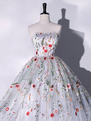 Party Dress Dress, Lovely Strapless Floral Tulle Long Prom Dress, Gray  A-Line Evening Party Dress