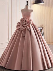 Wedding Bouquet, Pink Strapless Satin Long Prom Dress, Beautiful A-Line Evening Dress