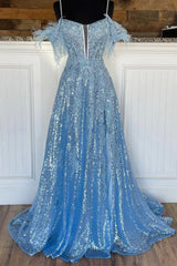 Bridesmaids Dress Colors, Blue Spaghetti Strap Sequined Lace Prom Dress, Blue Lace-Up Evening Dress