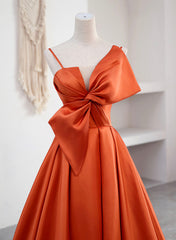Prom Dress Corset Ball Gown, Spaghetti Straps Orange Satin Prom Formal Dress, A-Line Floor Length Evening Dress