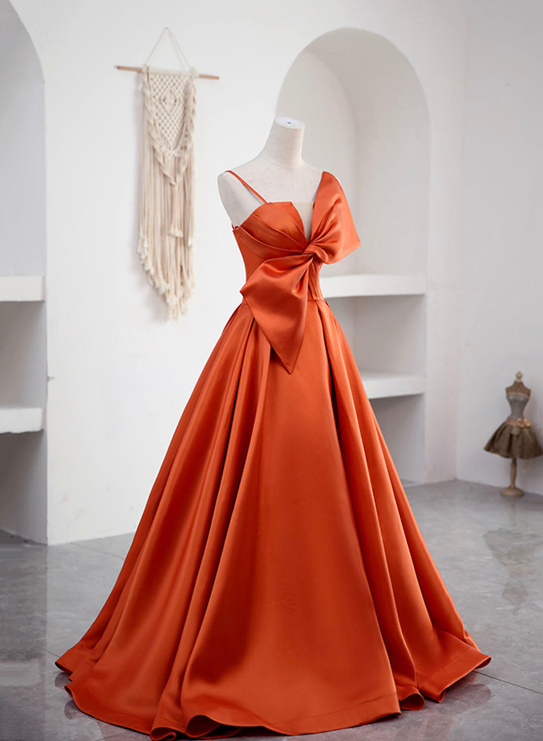 Prom Dress Fairy, Spaghetti Straps Orange Satin Prom Formal Dress, A-Line Floor Length Evening Dress