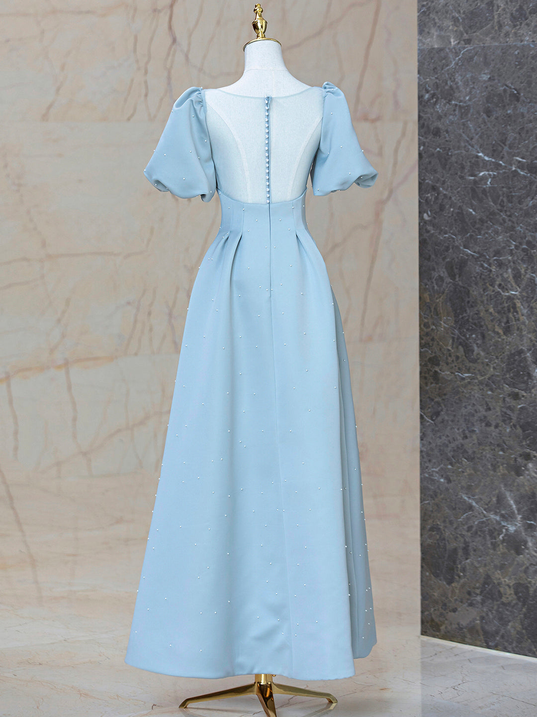 Bridesmaid Dress Mdae To Order, Blue Satin Pearl Long Prom Dress, A-Line Blue Evening Party Dress