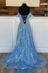 Bridesmaids Dress Color, Blue Spaghetti Strap Sequined Lace Prom Dress, Blue Lace-Up Evening Dress