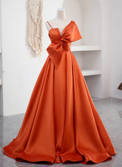 Prom Dress Champagne, Spaghetti Straps Orange Satin Prom Formal Dress, A-Line Floor Length Evening Dress