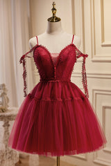 Prom Dress Sites, Burgundy Lace Short A-line Prom Dress, Cute Spaghetti Strap Party Dress