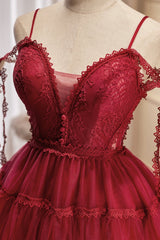 Prom Dresses Affordable, Burgundy Lace Short A-line Prom Dress, Cute Spaghetti Strap Party Dress