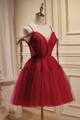 Prom Dress Vintage, Burgundy Lace Short A-line Prom Dress, Cute Spaghetti Strap Party Dress