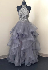 Party Dress Size 114, Grey Tulle Long Prom Dresses, A-Line Evening Dresses