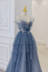 Prom Dresses Light Blue, Blue Tulle Layers Straps Beaded Long Prom Dresses, A-Line Evening Dresses