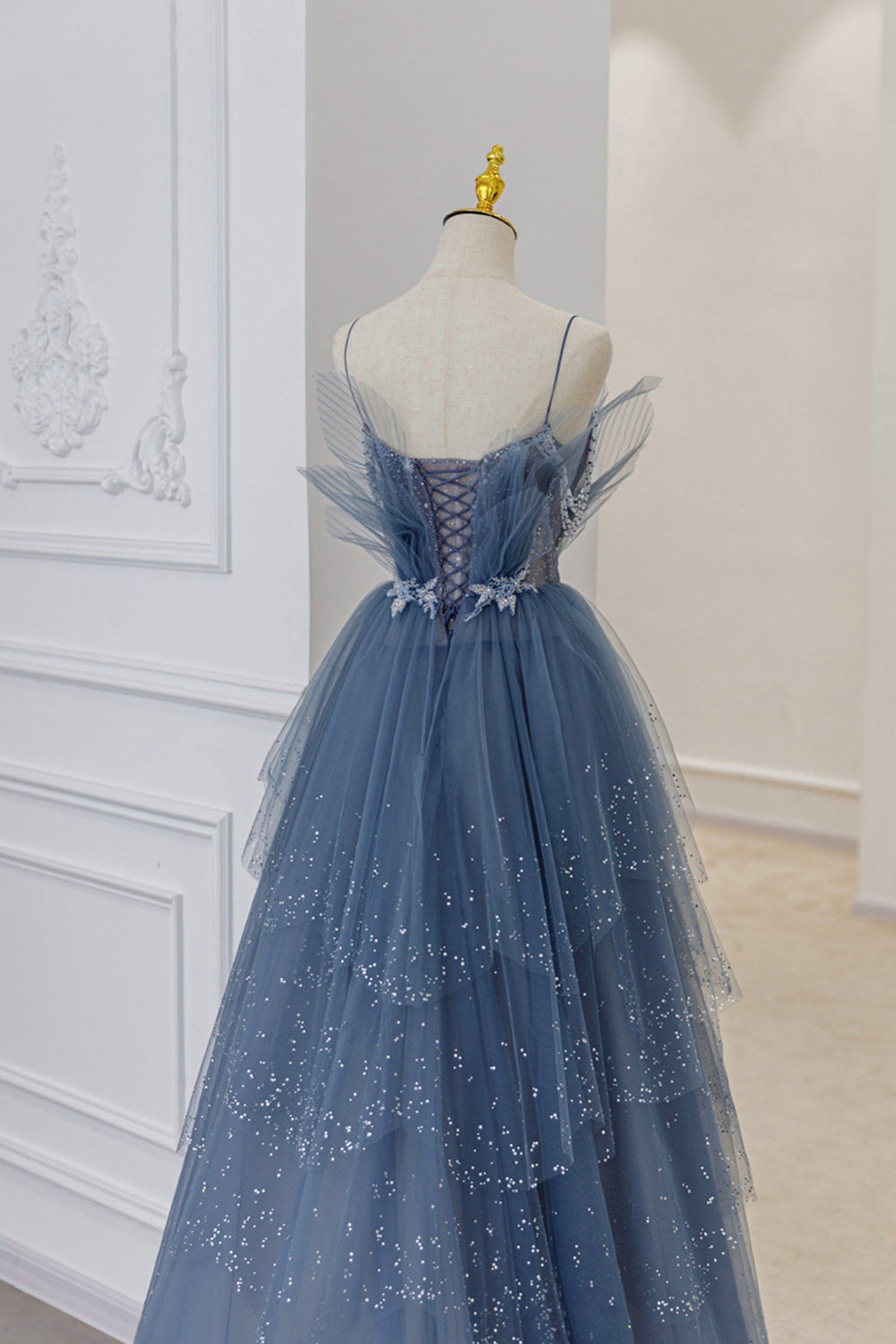 Prom Dress Light Blue, Blue Tulle Layers Straps Beaded Long Prom Dresses, A-Line Evening Dresses