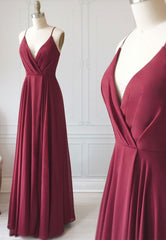 Prom Dresses Off The Shoulder, Burgundy Chiffon Long Prom Dress, Simple V-Neck Evening Dress